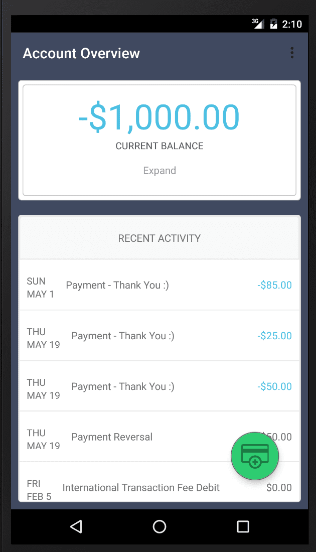 Screenshot of Final Android app prototype account overview.