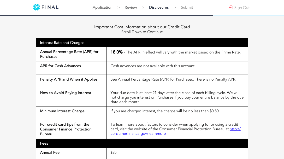 Screenshot of Final credit application page.