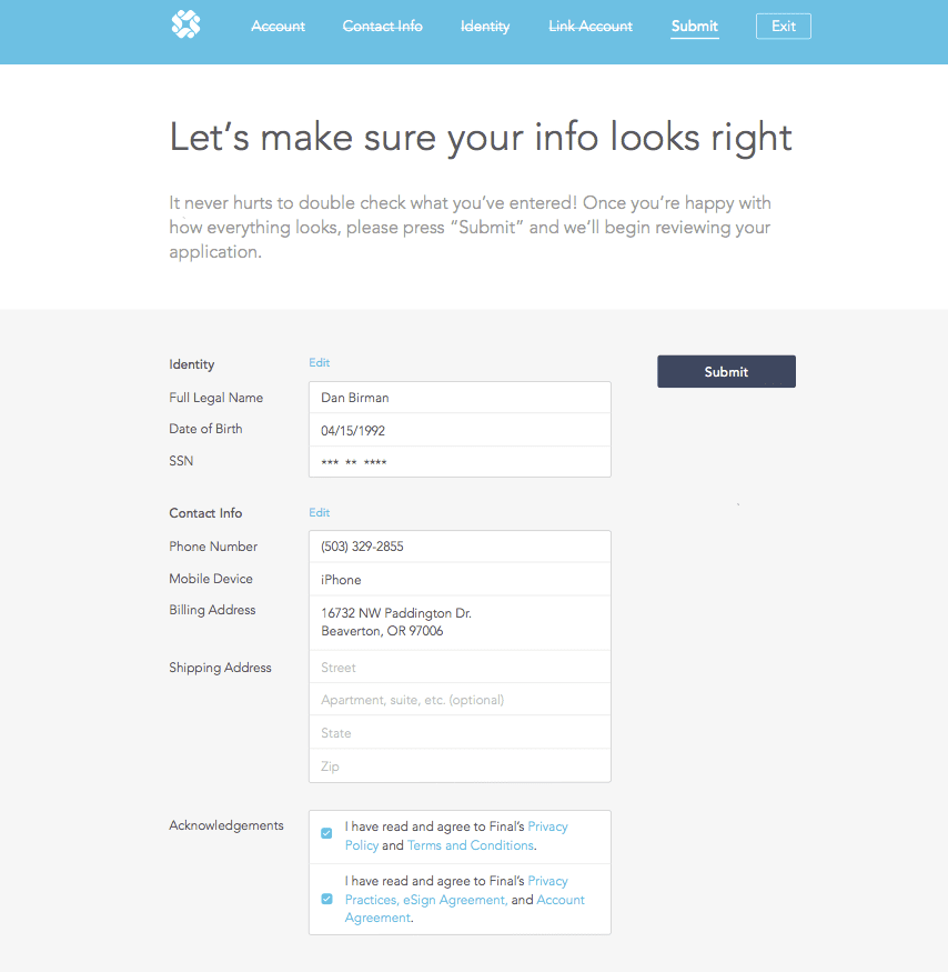 Screenshot of early design for the credit application.